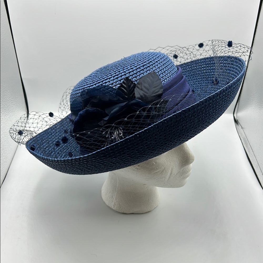 Sophisticated Blue Wide-Brimmed Kentucky Derby Church Hat w/ Black Lace Accents